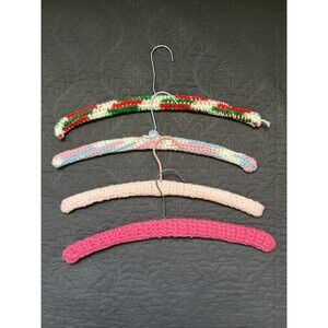 Vintage Lot of 4 Colorful Crocheted Yarn Covered Wooden Clothes Hangers Storage